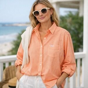 Faconnable Orange White Stripe Button Up Shirt Womens L Oversized Preppy Coastal